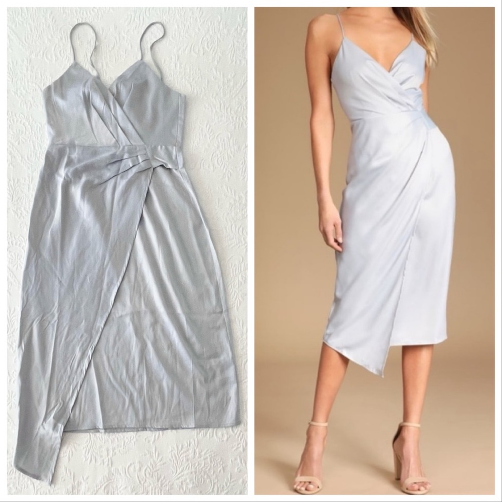 NWOT Lulus Quite Likely Light Blue Satin Asymmetrical Midi Dress Small